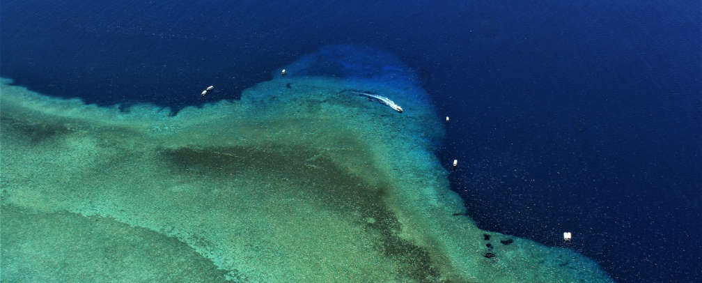Aerial photo of the world famous dive site Blue Corner in Palau