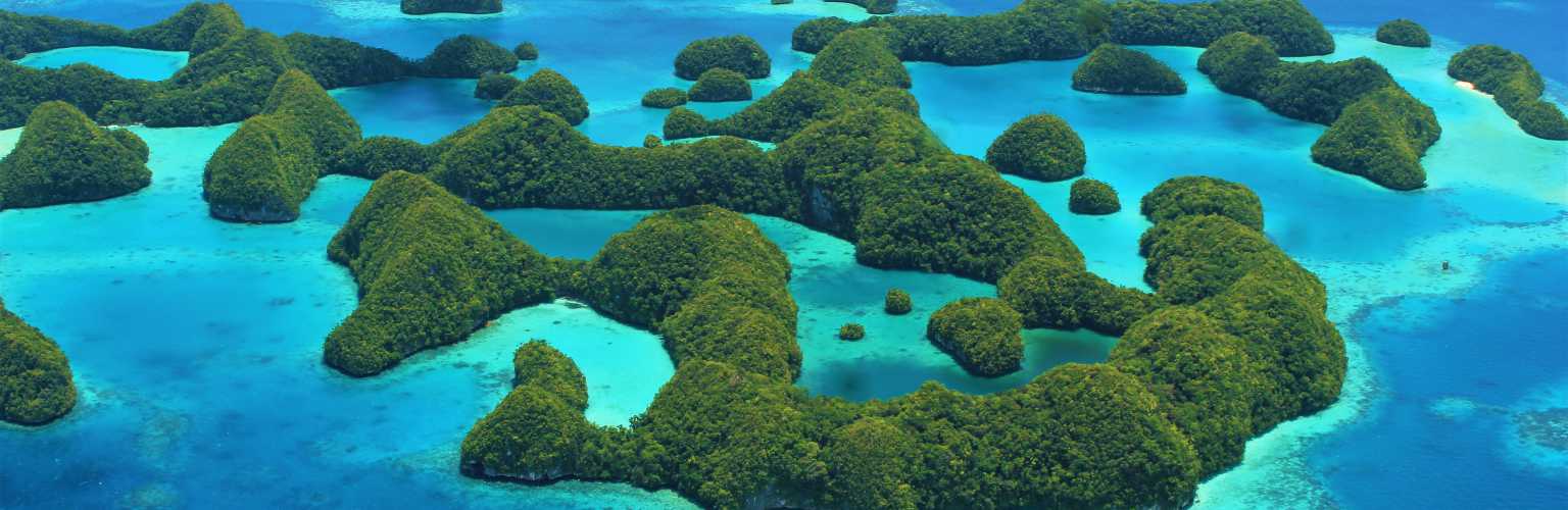 Aerial photo of the Rock Islands in Palau, UNESCO world heritage