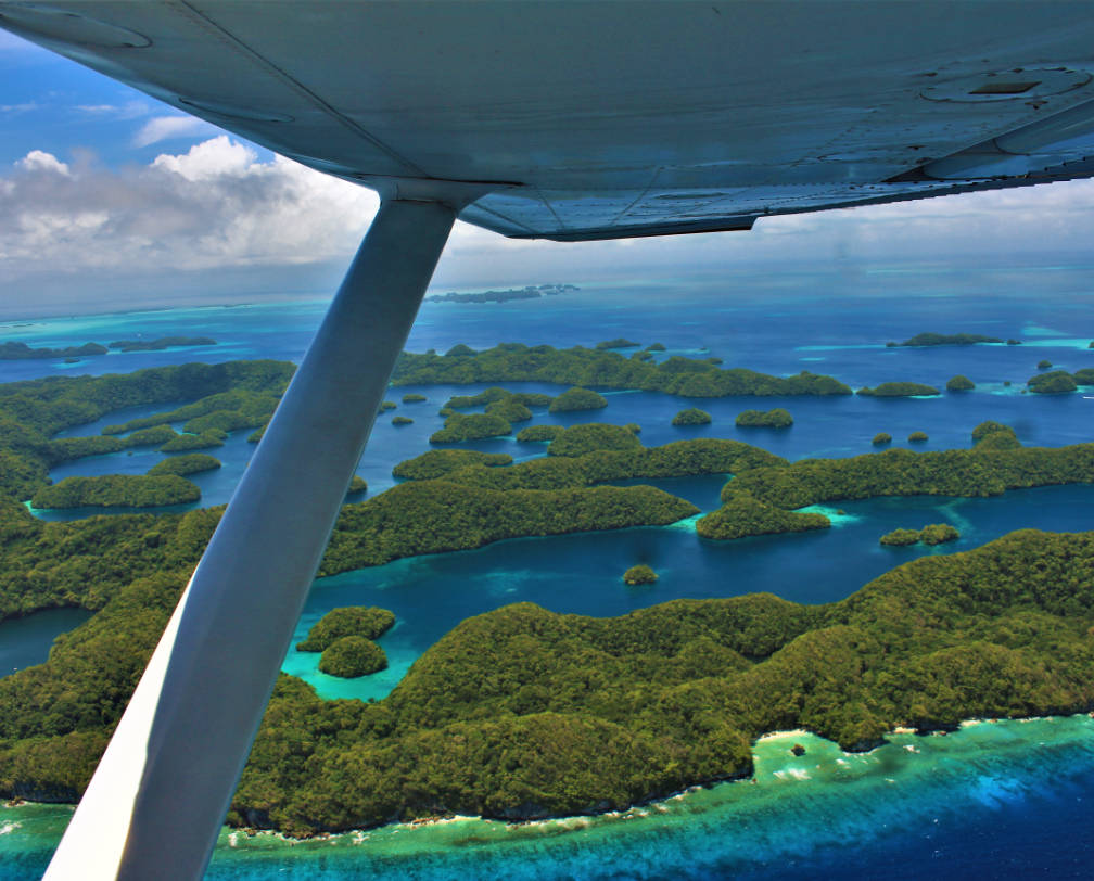 Aerial photo from the right side of the airport down to the world famous Rock Islands of Palau