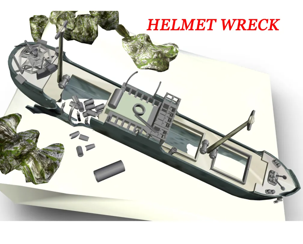 infographic of the helmet wreck a dive site in Palau